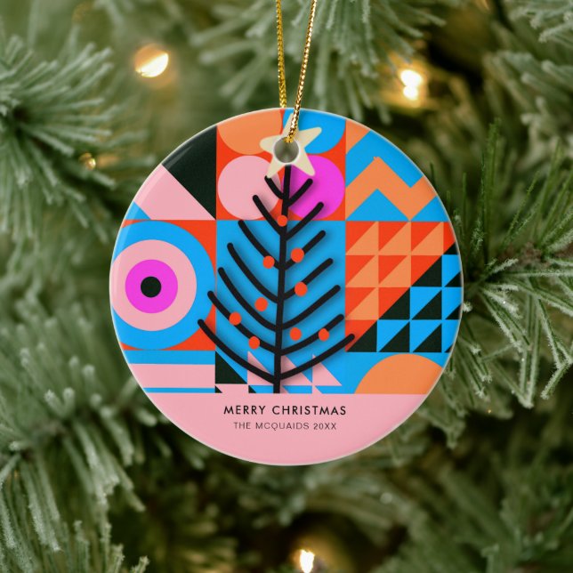 Christmas Trees Modern Geometric  Pinks Blues Ceramic Ornament (Tree)