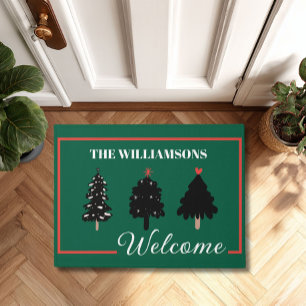 Christmas Trees Modern Welcome Family Name  Doormat