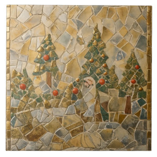 Christmas Trees Mosaic, Victorian Style Ceramic Tile
