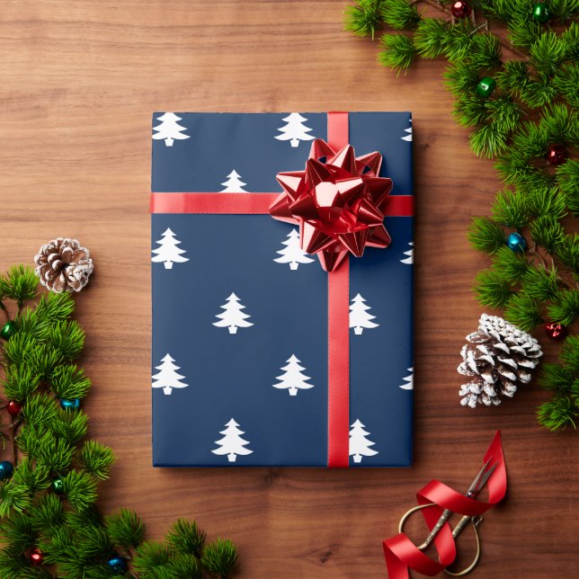 Christmas Trees navy blue white pattern cute gift Wrapping Paper (Holiday Gift)
