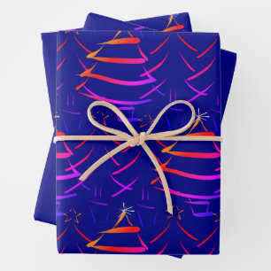 Christmas Trees Navy Bright Colorful Wrapping Paper Sheet