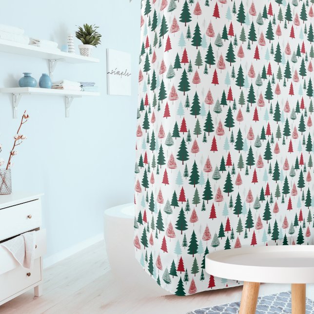 Christmas Trees Nordic Pine Forest Modern Pattern Shower Curtain (A shower curtain patterned with a winter forest of Christmas trees, in red, green and mint on white)