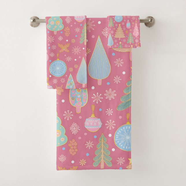 Christmas trees on pink bath towel set (Insitu)