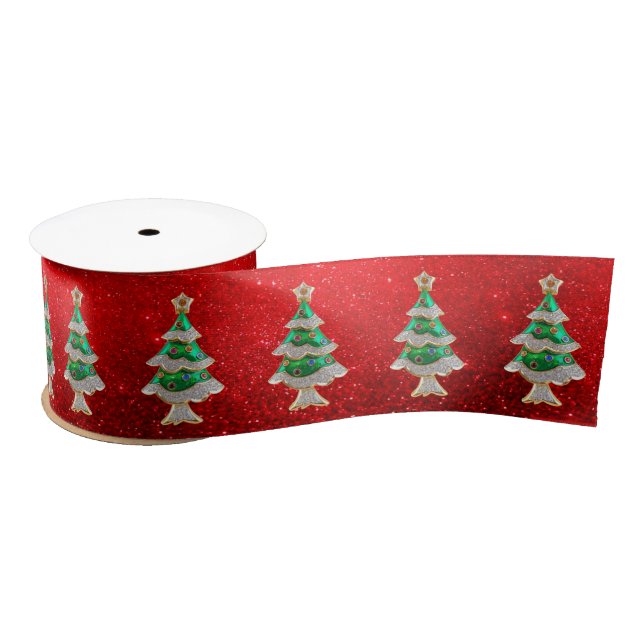 Christmas Trees on  Red Glitters Satin Ribbon (Spool)