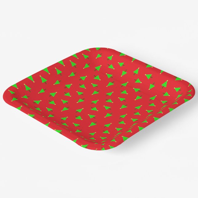 Christmas trees on red paper plate (Angled)