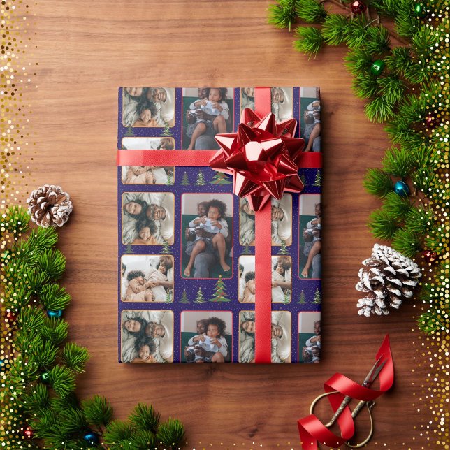 Christmas trees on starry blue photo collage wrapping paper (Creator Uploaded)