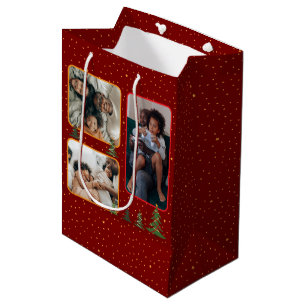 Christmas trees on starry red photo collage medium gift bag