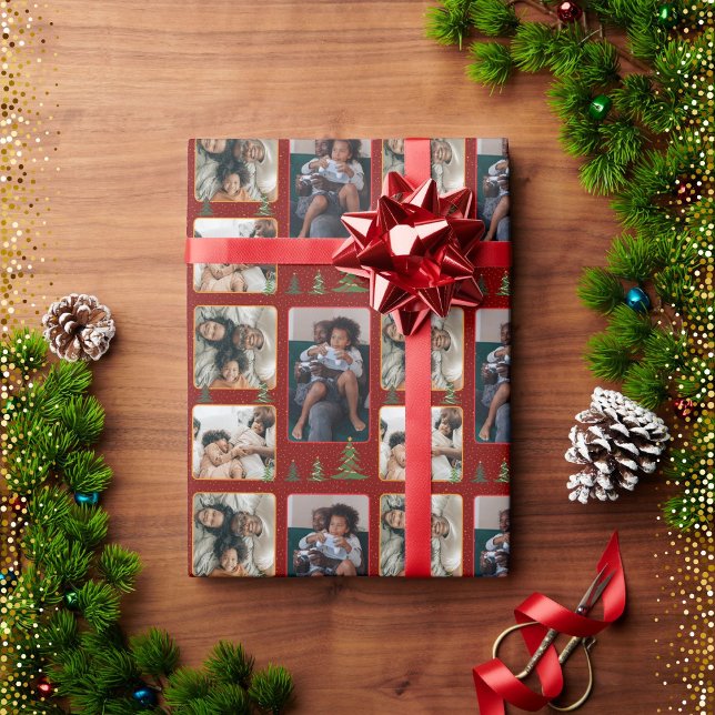 Christmas trees on starry red photo collage wrapping paper (Creator Uploaded)