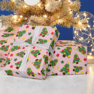 Christmas trees, Ornaments and Stars Light Pink Wrapping Paper