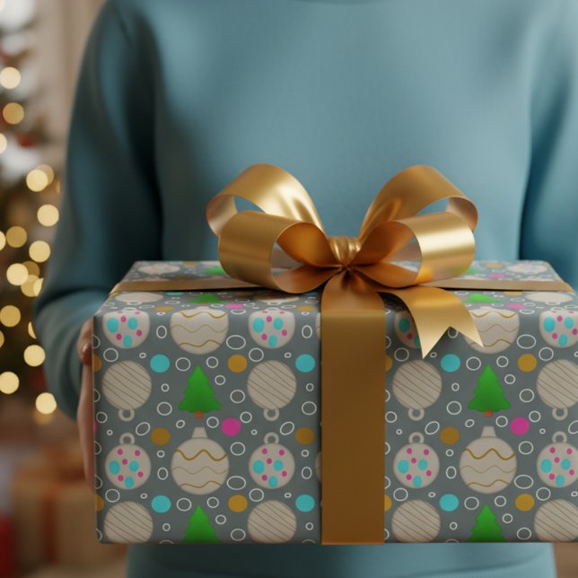 Christmas Trees & Ornaments Hand-drawn On Silver Wrapping Paper (Add a scandi inspired look to your Christmas season with this nontraditional wrapping paper)