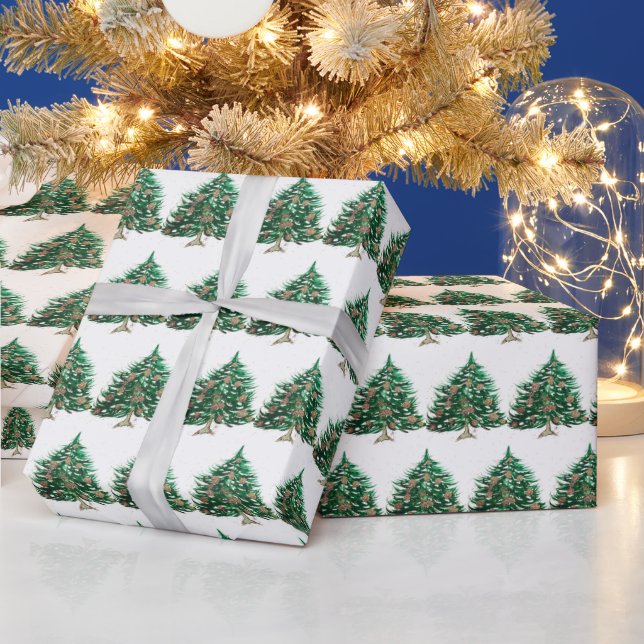 Christmas trees pine Festive Green Watercolor  Wrapping Paper (Holidays)