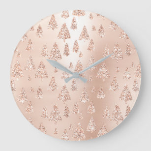 Christmas Trees Pink Rose Gold Blush Girly Sparkly Large Clock