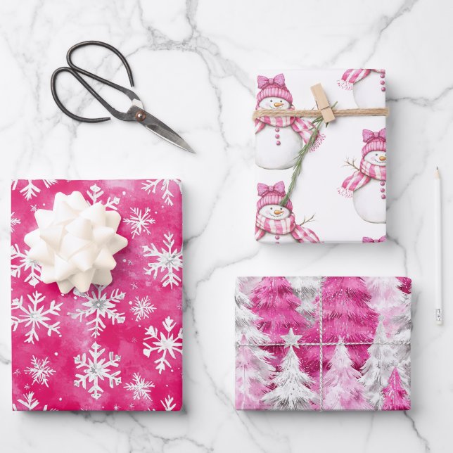 Christmas Trees Pink White Snowflakes Wrapping Paper Sheet (Front)