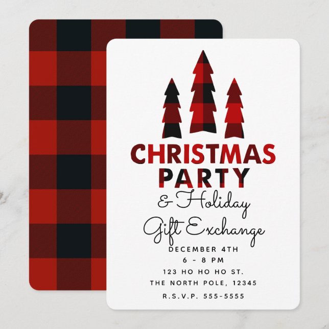 Christmas Trees Plaid Holiday Gift Exchange Party Invitation (Front/Back)