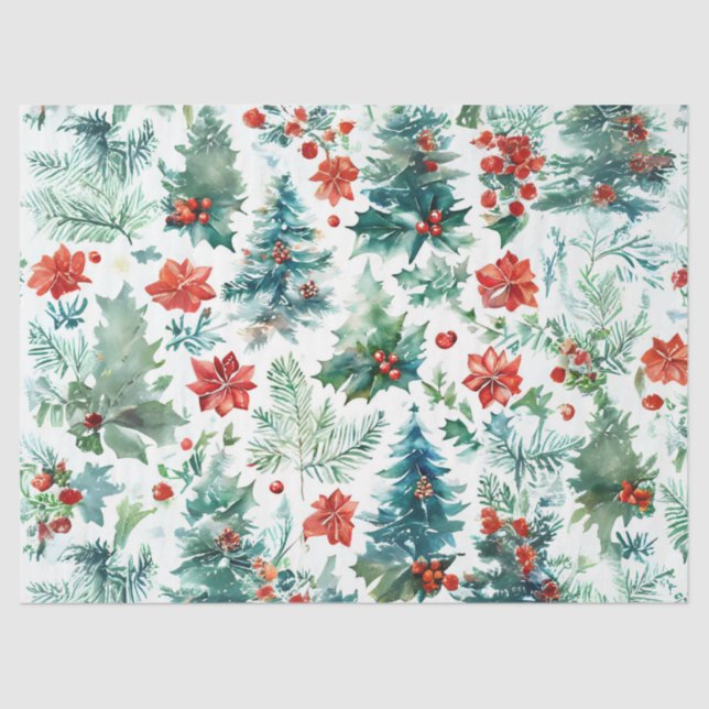 Christmas Trees, Poinsettias, Holly, and Pine Deco Tissue Paper (Front)