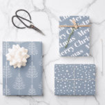 Christmas, trees, polka dots holiday dusty blue wrapping paper sheet<br><div class="desc">Merry Christmas, trees and polka dots dusty blue holiday Wrapping Paper Sheets. The first sheet features white winter trees on dusty blue background. The second showcases the text :"Merry Christmas" in bold typography and the third displays polka dots-snow. Personalise it with your text. Please note that if your text takes...</div>