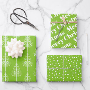 Christmas trees, polka dots lime green holiday wrapping paper sheet