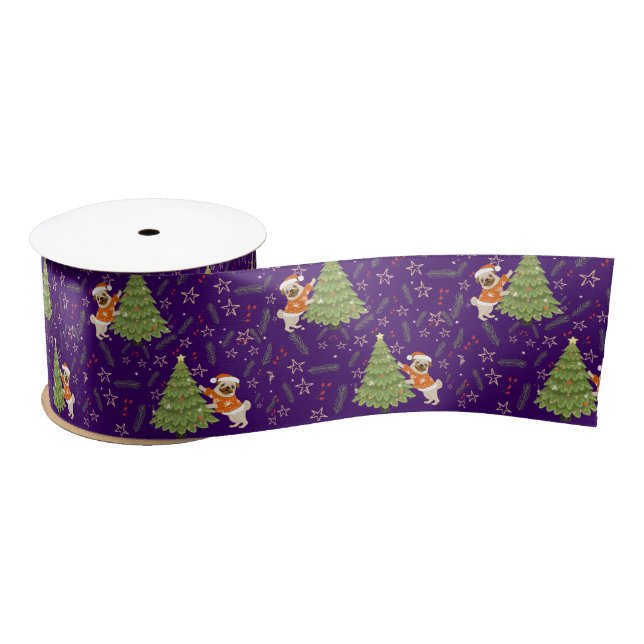 Christmas trees &pug dog pattern custom background satin ribbon (Spool)