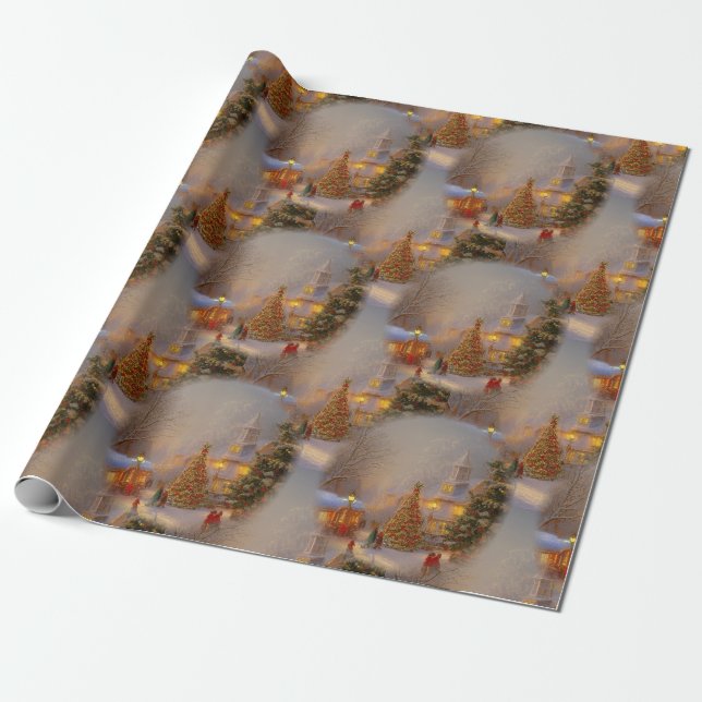 Christmas Trees Quaint Village Snow Globe Pattern Wrapping Paper (Unrolled)