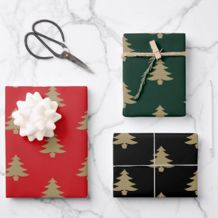 Christmas Trees red dark pine green black and gold Wrapping Paper Sheet