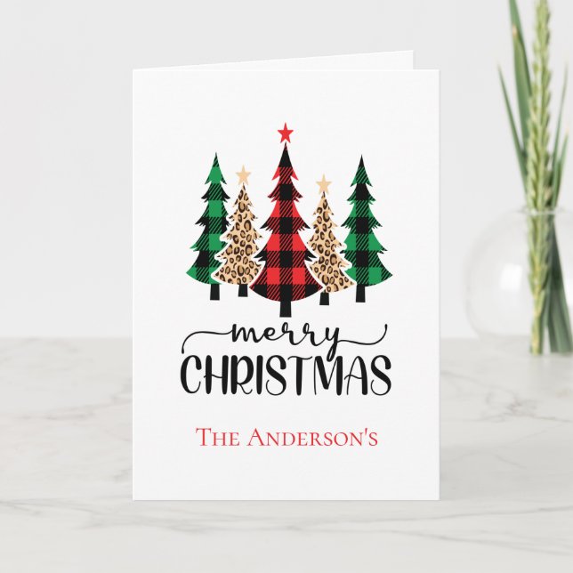 Christmas Trees Red Green Black Buffalo Plaid  Holiday Card (Front)