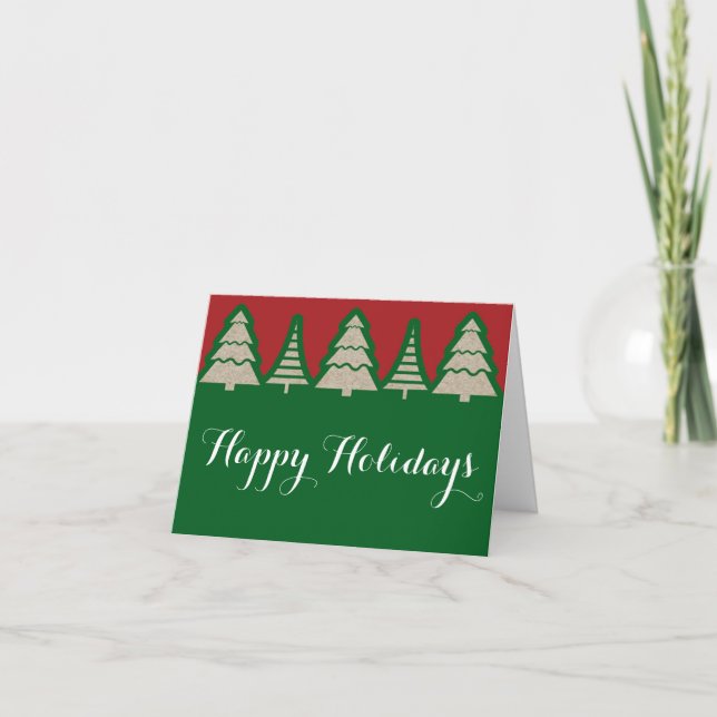Christmas Trees Red & Green Brown Paper Fold Card (Front)