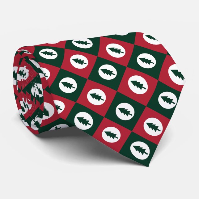 Christmas Trees Red Green White Squares Pattern Tie (Rolled)