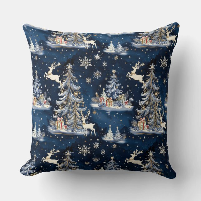 Christmas Trees, Reindeer and Snowflakes Cushion (Front)
