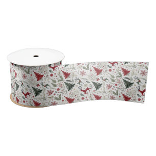 Christmas Trees, Reindeer and Snowflakes Satin Ribbon
