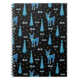 Christmas trees, reindeer snowflakes. Winter illus Notebook
