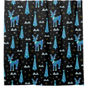 Christmas trees, reindeer snowflakes. Winter illus Shower Curtain