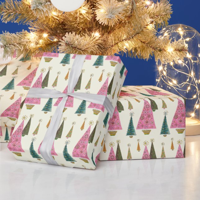 Christmas Trees Retro Pink Gold Green Wrapping Paper (Holidays)