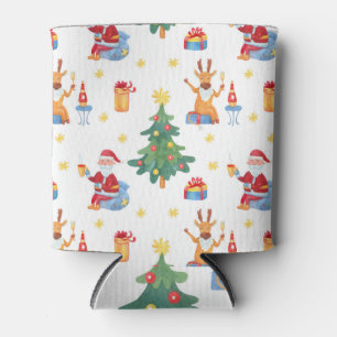 Christmas trees, Santa: watercolor pattern. Can Cooler