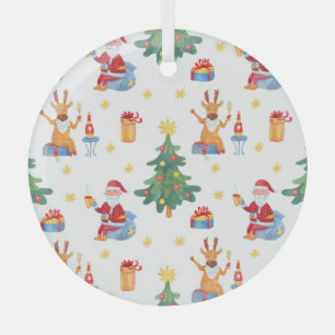 Christmas trees, Santa: watercolor pattern. Glass Tree Decoration