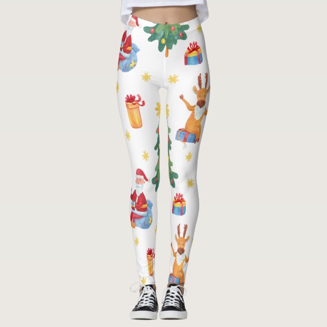 Christmas trees, Santa: watercolor pattern. Leggings (Front)