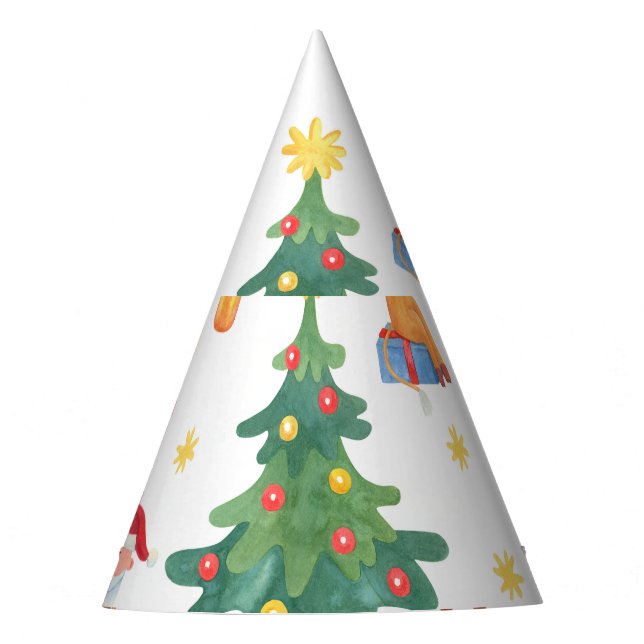 Christmas trees, Santa: watercolor pattern. Party Hat (Front)
