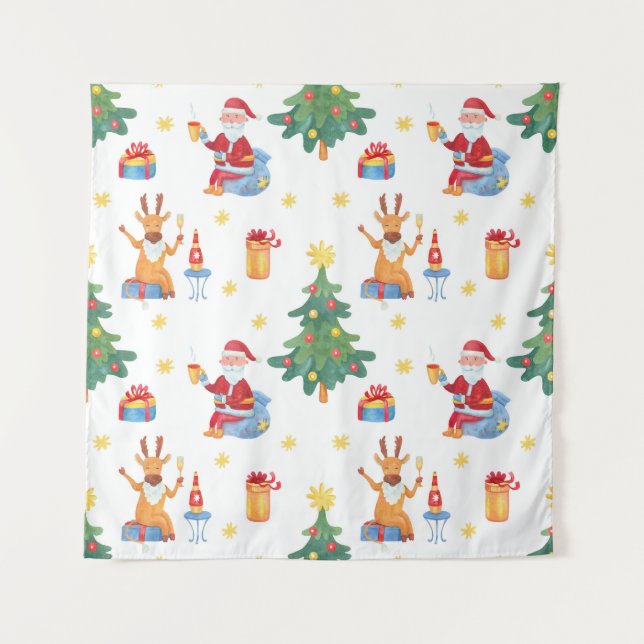 Christmas trees, Santa: watercolor pattern. Tapestry (Front)