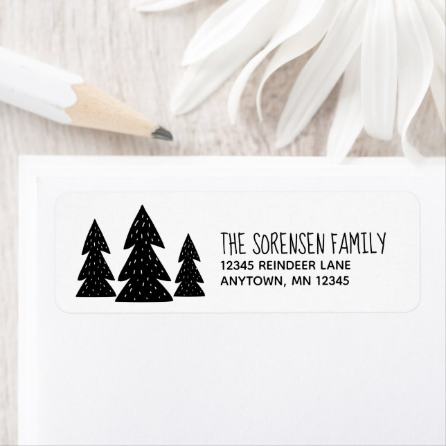 Christmas Trees Scandi Black White Return Address Label (Insitu)