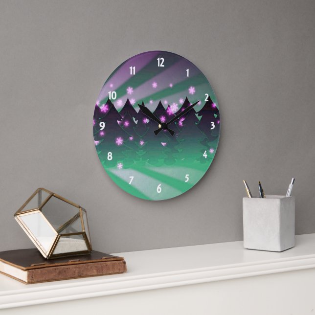 Christmas Trees Shades of Green Large Clock (Office)