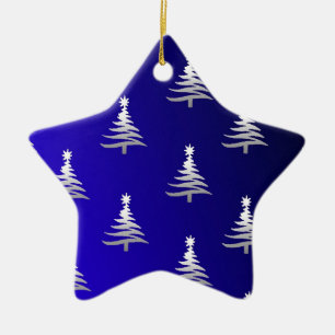 Christmas Trees Silver on Cobalt Blue Ceramic Tree Decoration