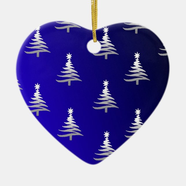 Christmas Trees Silver on Cobalt Blue Ceramic Tree Decoration (Front)