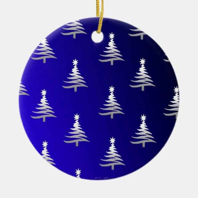 Christmas Trees Silver on Cobalt Blue Ceramic Tree Decoration (Front)