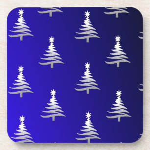Christmas Trees Silver on Cobalt Blue Coaster