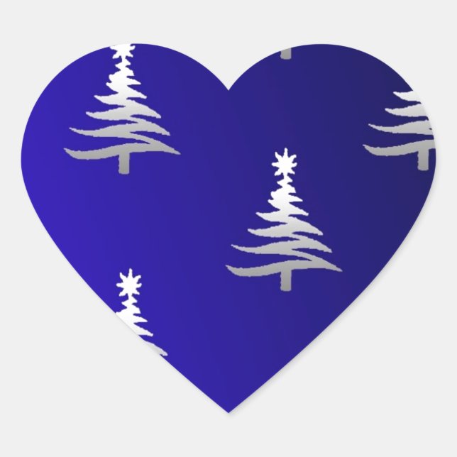 Christmas Trees Silver on Cobalt Blue Heart Sticker (Front)