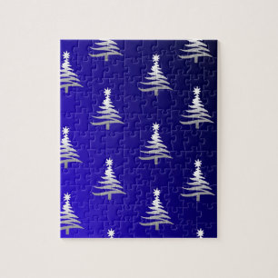 Christmas Trees Silver on Cobalt Blue Jigsaw Puzzle