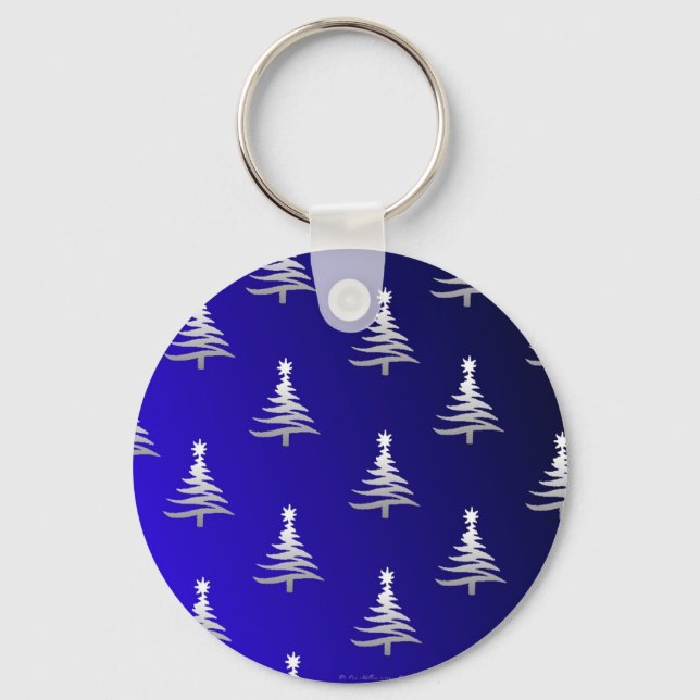 Christmas Trees Silver on Cobalt Blue Key Ring (Front)