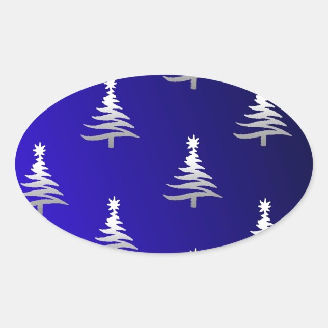 Christmas Trees Silver on Cobalt Blue Oval Sticker (Front)