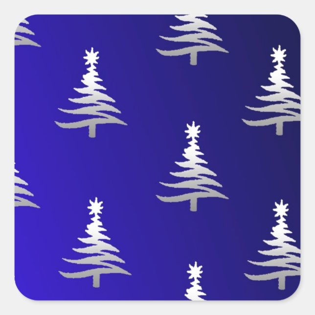 Christmas Trees Silver on Cobalt Blue Square Sticker (Front)