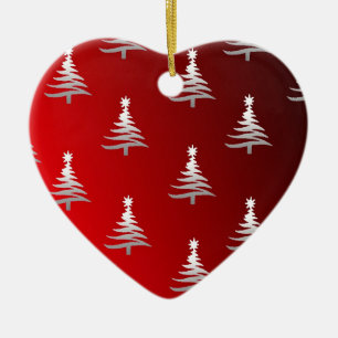 Christmas Trees Silver on Red Ceramic Ornament