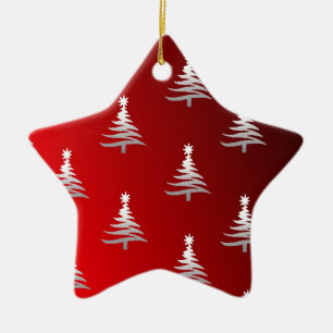 Christmas Trees Silver on Red Ceramic Tree Decoration